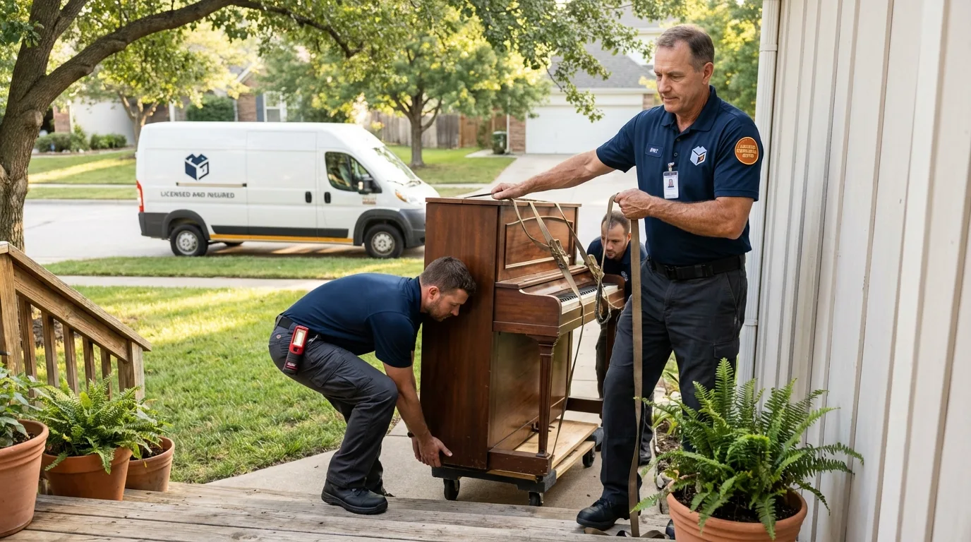 Licensed piano movers securing grand piano in Fruitland, MD
