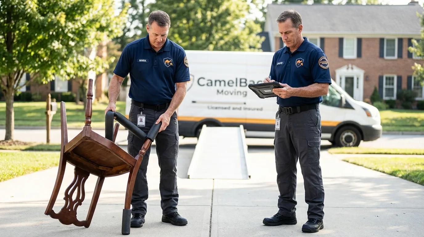 Movers inspecting furniture for damage prevention before loading in Fruitland, MD